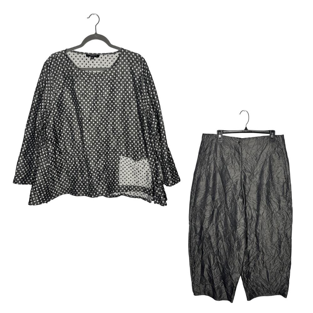 FH Clothing Blouse Pant Set Womens XL Black Polka Dot Crinkle Crop USA Two Piece